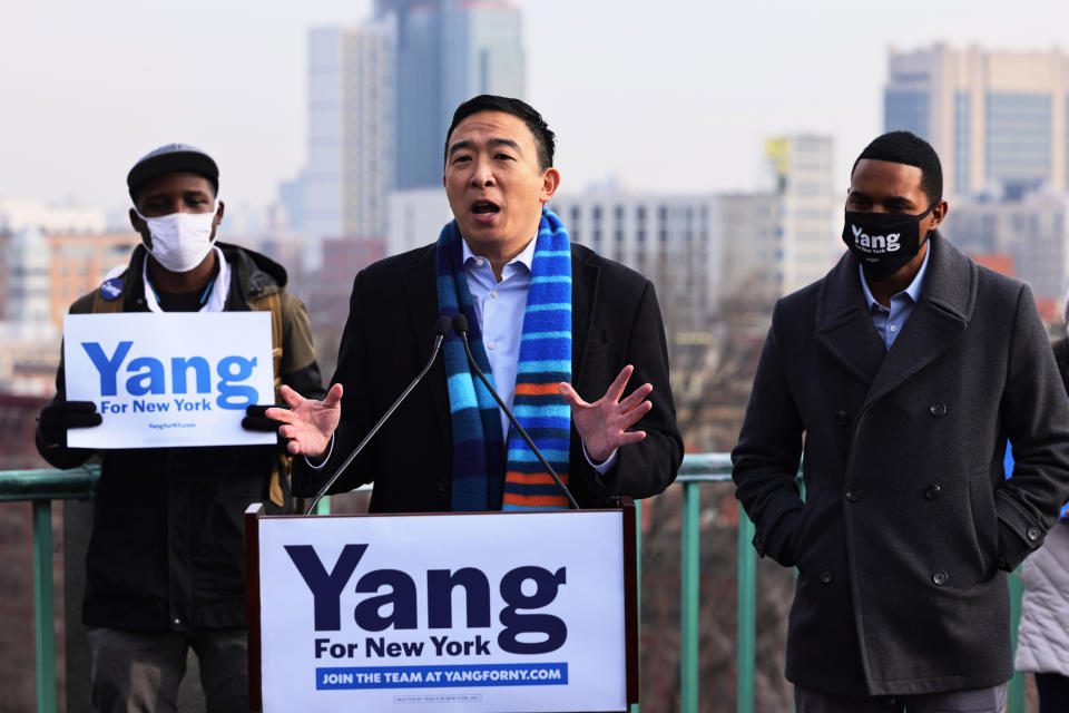 New York City Mayoral candidate Andrew Yang speaks at a press conference on January 14, 2021 in New York City. Former presidential candidate Andrew Yang announced his candidacy for Mayor of New York City. (Michael M. Santiago/Getty Images)