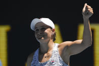 Ash Barty of Australia reacts after defeating Lucia Bronzetti of Italy in their second round match at the Australian Open tennis championships in Melbourne, Australia, Wednesday, Jan. 19, 2022. (AP Photo/Andy Brownbill)
