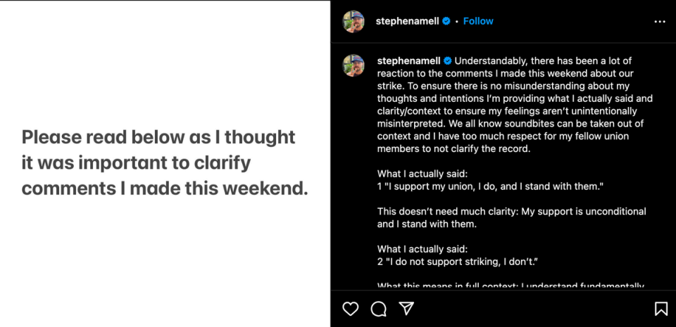 Stephen Amell clarifies his stance on the actors’ strike after calling it ‘reductive’ (Instagram)