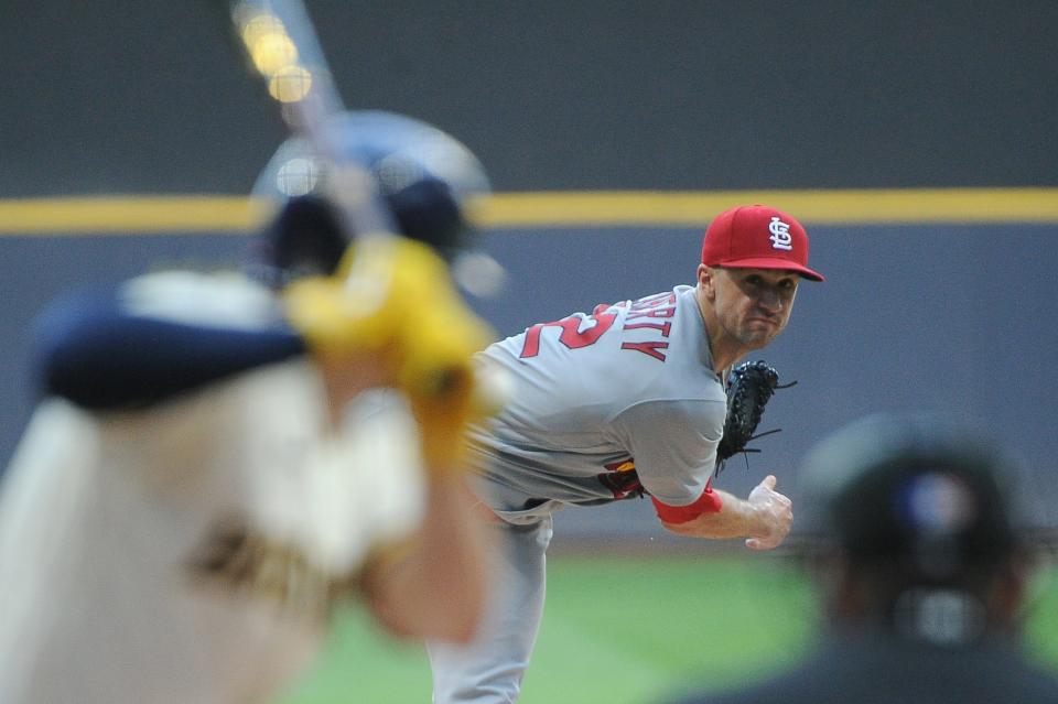 Jack Flaherty pitches against the Brewers in June.