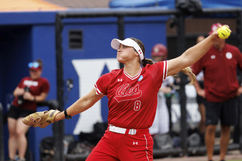 Utah's Mariah Lopez (8) pitches during an NCAA college softball game against South Carolina on Friday, May 17, 2024, in Durham, N.C. (AP Photo/Ben McKeown)