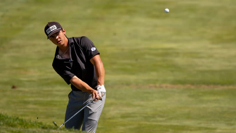 Tyson Shelley chips on to the green during the Utah Championship, part of the PGA Korn Ferry Tour, at Oakridge Country Club in Farmington on Saturday, Aug. 5, 2023.