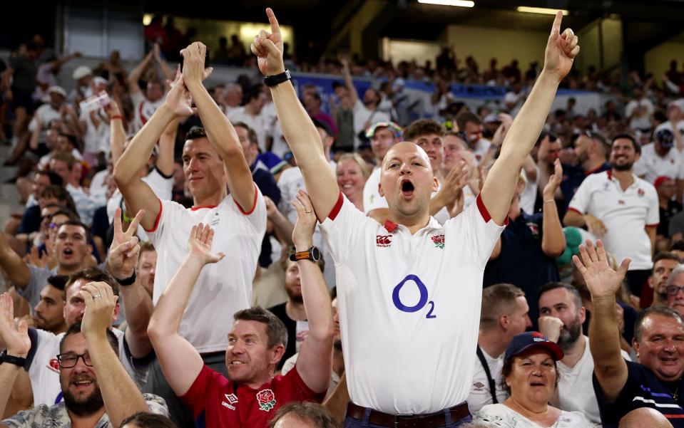 Fans of England celebrate during the Rugby World Cup France 2023 match between England and Argentina at Stade Velodrome on September 09, 2023 in Marseille, France