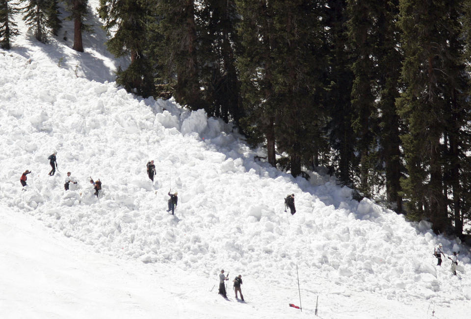 FILE - Members of the Summit County Rescue Group search the slide area on the Pallavicini trail at Arapahoe Basin Ski Area, after an avalanche killed a 54-year-old Colorado man in Breckenridge, Colo., in this Friday, May 20, 2005, file photo. A warning from avalanche experts for anyone venturing into the backcountry: The threat of slides may only be growing worse. (AP Photo/Chris Doane)
