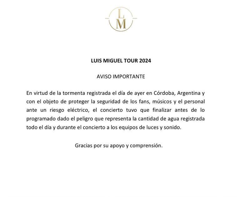 El comunicado de la producción sobre la cancelación del show en Córdoba