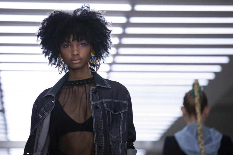 A model wears a creation by Mark Fast at the Spring/Summer 2020 fashion week runway show in London, Friday, Sept. 13, 2019. (Photo by Vianney Le Caer/Invision/AP)