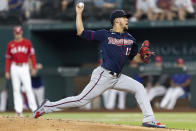 Minnesota Twins starting pitcher Jose Berrios (17) throws during the first inning of a baseball game against the Texas Rangers in Arlington, Texas, Friday, June 18, 2021. (AP Photo/Andy Jacobsohn)