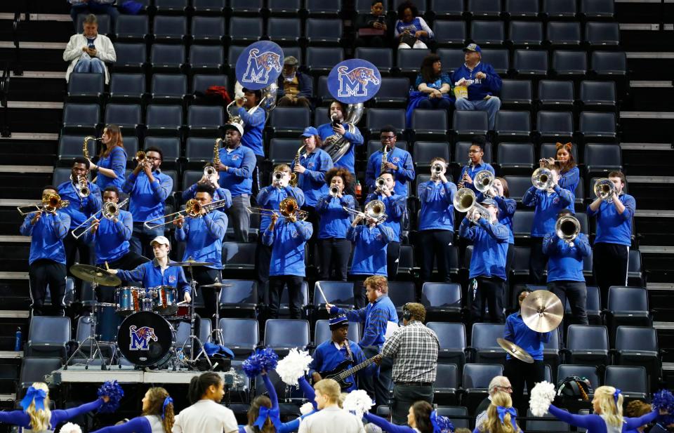 Memphis pep band, Mighty Sound of the South, plays before the start of the first round NIT game against San Diego at the FedExForum, Tuesday, March 19, 2019.