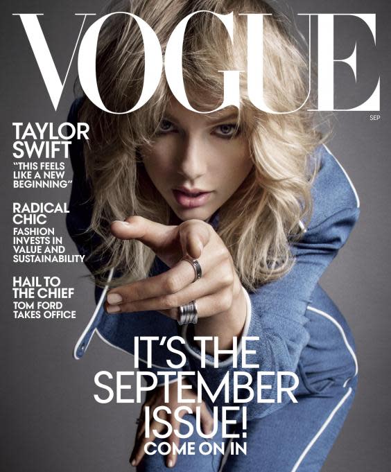 Taylor Swift in Louis Vuitton jumpsuit and rings by Cartier and Bvlgari on cover of American Vogue (Inez and Vindooh/Vogue)