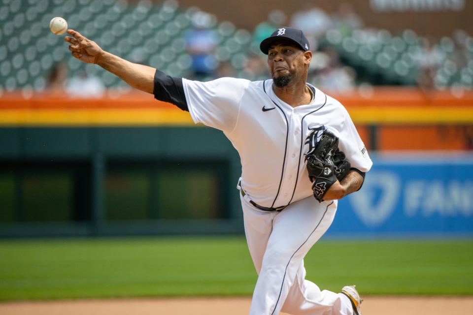 Detroit Tigers relief pitcher Jose Cisnero (67) pitches in the sixth inning against the San Francisco Giants on July 24, 2023, at Comerica Park.