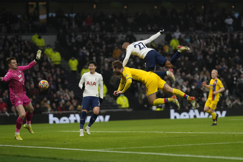Tottenham's Lucas Moura (27) scores his team's second goal during the English Premier League soccer match between Tottenham Hotspur and Crystal Palace at White Hart Lane in London, England, Sunday, Dec. 26, 2021. (AP Photo/Alastair Grant)