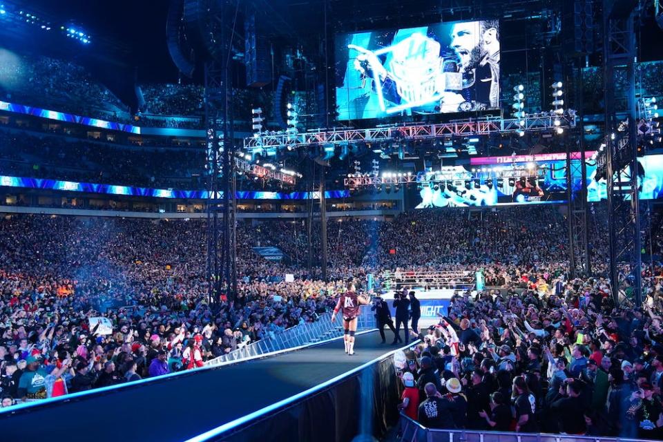 A zoomed0out view shows the scale of the crowd and stage as LA Knight enters the ring during Night Two of WrestleMania 40 at Lincoln Financial Field on April 7, 2024 in Philadelphia, Pennsylvania.