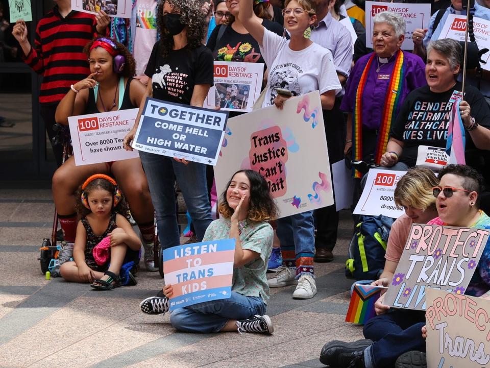 Demonstrators in the Texas capitol protest legislation that would remove certain books from school libraries. (EPA)