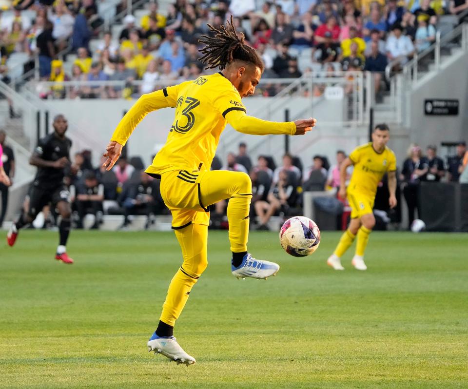 Jun 24, 2023; Columbus, Ohio, USA; Columbus Crew defender Mohamed Farsi (23) controls the ball against Nashville SC in the first half during their MLS game at Lower.com Field. 