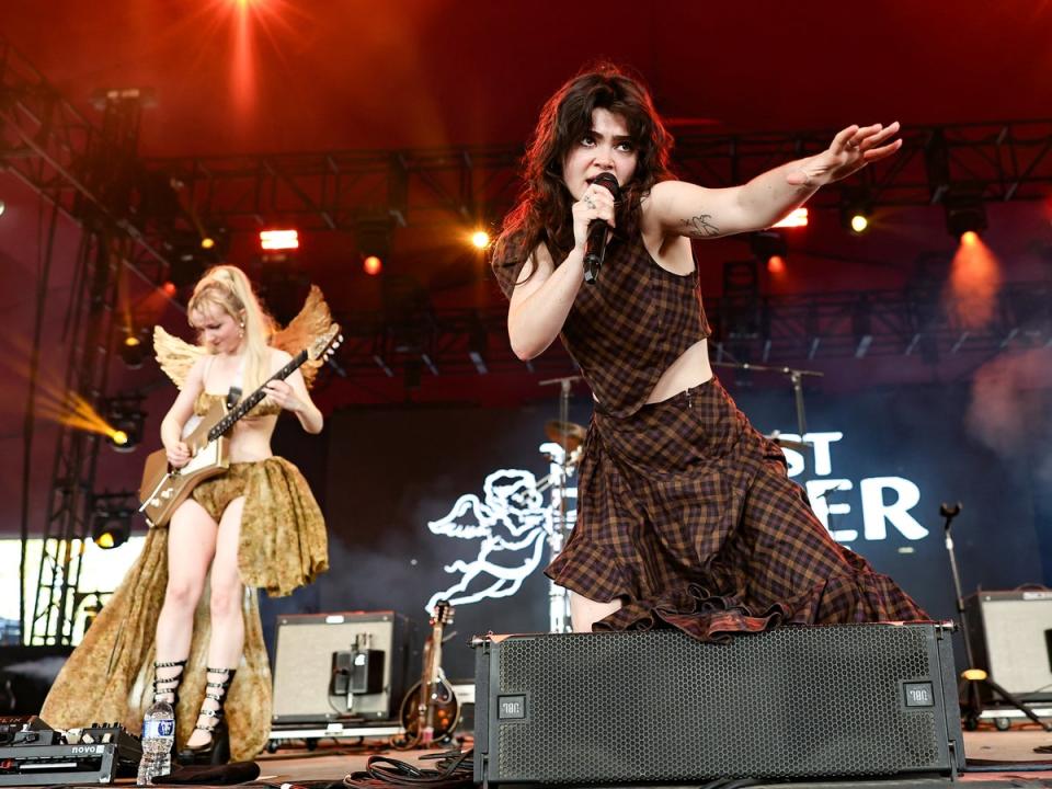 Emily Roberts, and Abigail Morris of The Last Dinner Party perform at the Gobi Tent during the 2024 Coachella Valley Music and Arts Festival at Empire Polo Club on 20 April 2024 in Indio, California. (Getty Images for Coachella)