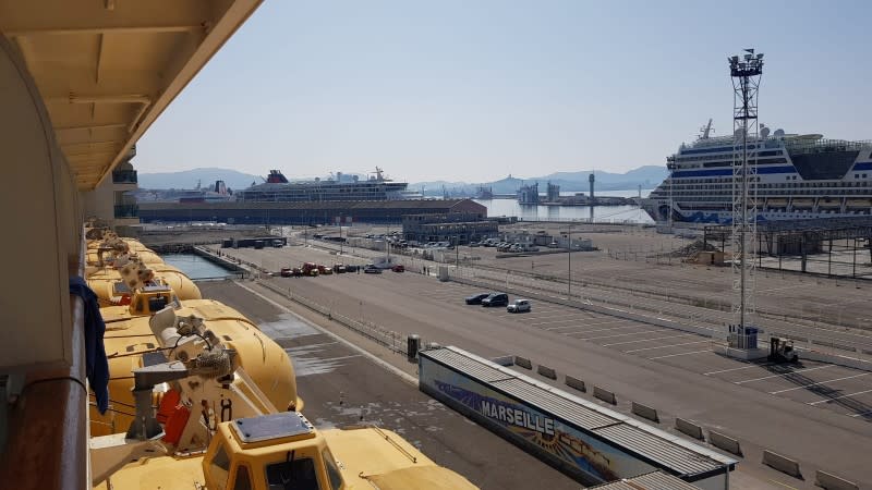 A general view of Marseille cruise port is pictured from aboard the Costa Luminosa cruise ship, amid the outbreak of coronavirus disease (COVID-19) spread