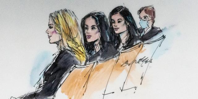 Courtroom artist sketch shows, from left, Khloe Kardashian, Kim Kardashian, Kylie Jenner and Kris Jenner seated at court in Los Angeles on April 19, 2022.