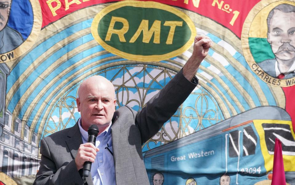 RMT general secretary, Mick Lynch speaking at a rally outside King's Cross Station in London, on June 25 - Dominic Lipinski/PA