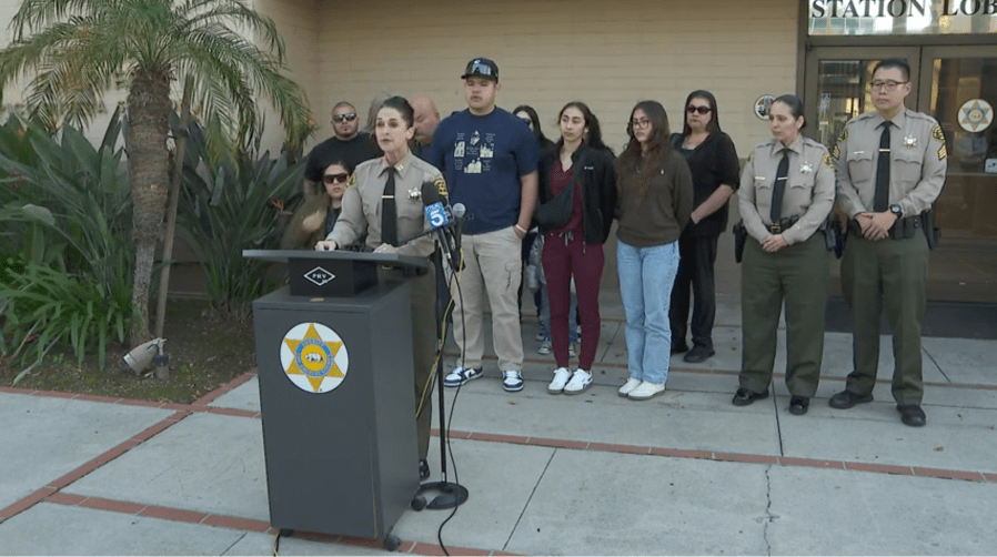 The families of victims, Virginia Saucedo, and Yesenia Sanchez with deputies at a new conference to announce the arrest of suspect Juan Figueroa Sanchez on March 8, 2024. (KTLA)