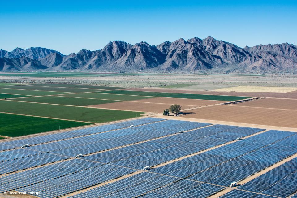 The Gillespie solar installation near the town of Buckeye in Maricopa County, Arizona. The installation produces 20 megawatts of electricity and is owned by Recurrent Energy.