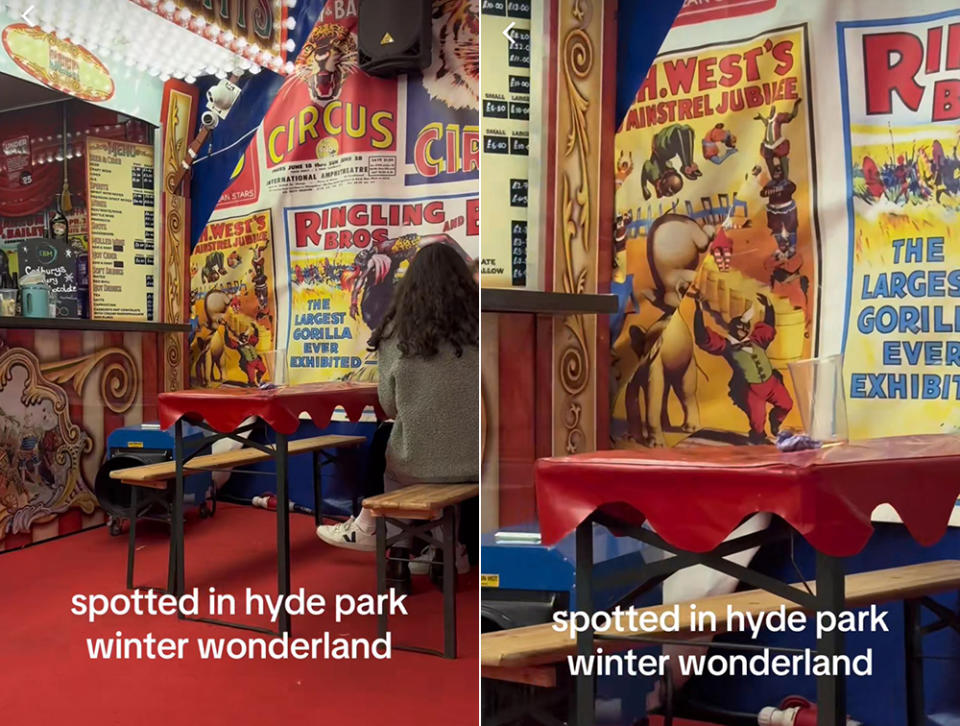 Two of the 'several' minstrel-themed posters spotted around the Winter Wonderland site in London. (TikTok)