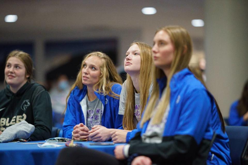 Members of the Boise State volleyball team watch with anticipation as the NCAA Tournament field is revealed Sunday night on ESPNU. The Broncos will face No. 11 BYU in the first round Friday in Provo, Utah.