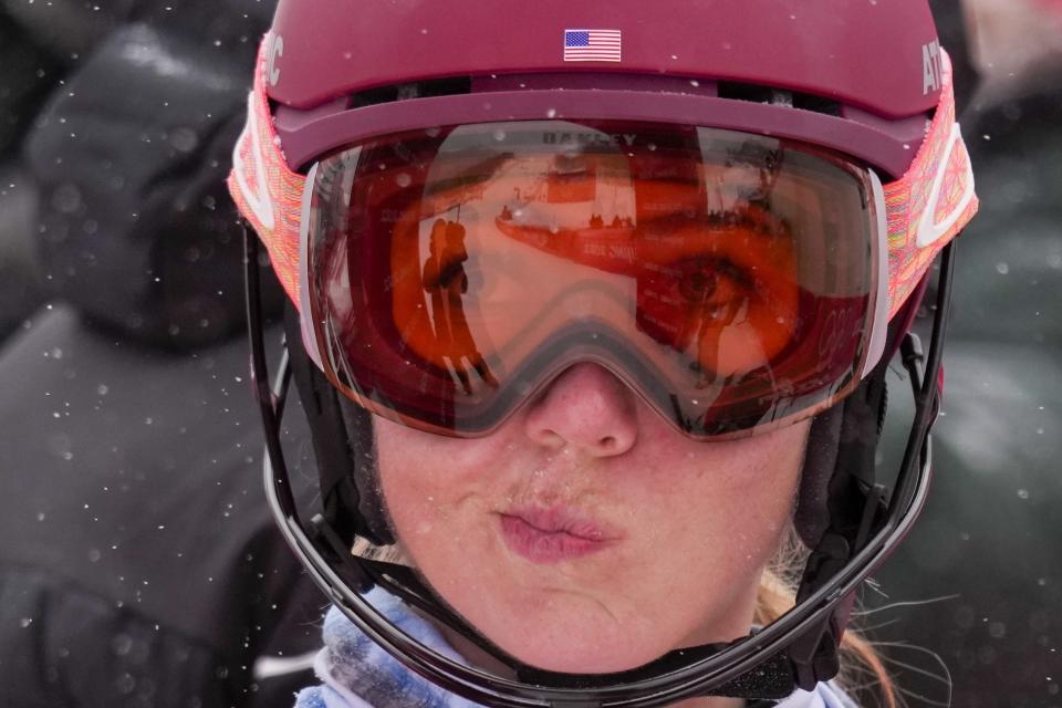 FILE - Mikaela Shiffrin, of the United States, reacts after falling in the women's combined slalom at the 2022 Winter Olympics, in the Yanqing district of Beijing, Thursday, Feb. 17, 2022. Shiffrin isn't putting the same pressure on herself for the upcoming world championships, starting on on Feb. 6, 2023 in Courchevel and Meribel, France, that she did for last year's Beijing Olympics. The event is Shiffrin's first major championship since American skier didn't win a medal and didn't finish three of her five races at the Olympics. (AP Photo/Luca Bruno, File)