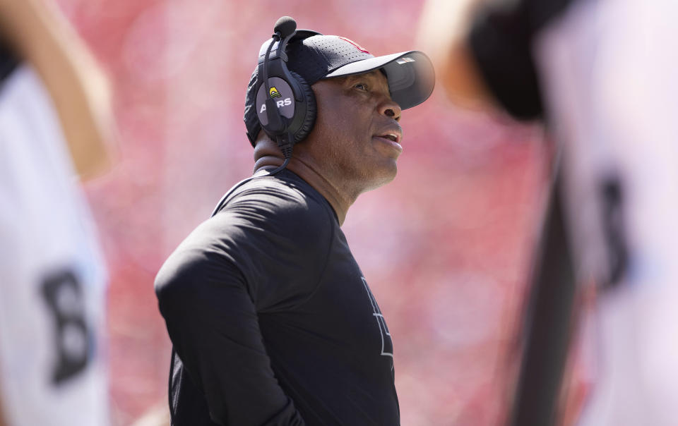 Nebraska interim head coach Mickey Joseph watches from the sidelines during the second half of an NCAA college football game against Oklahoma Saturday, Sept. 17, 2022, in Lincoln, Neb. Oklahoma defeated Nebraska 49-14. (AP Photo/Rebecca S. Gratz)