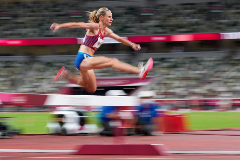 Courtney Frerichs, of the United States, competes in the women’s 3,000-meter steeplechase final at the 2020 Summer Olympics, Wednesday, Aug. 4, 2021, in Tokyo. (AP Photo/Petr David Josek)