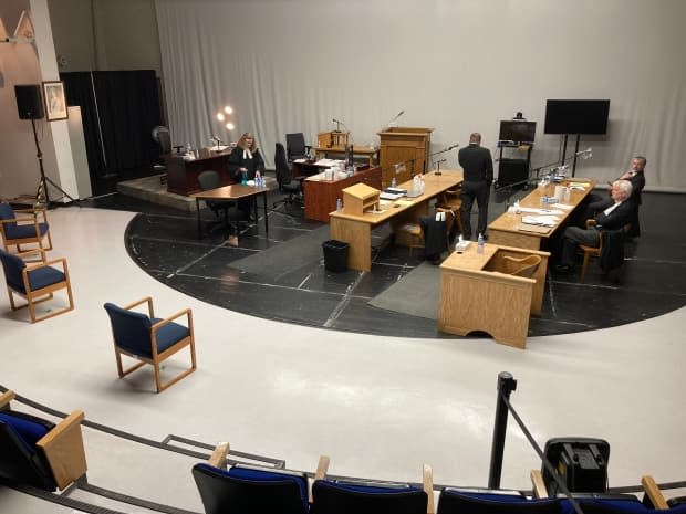 The verdict was read inside this makeshift courtroom at the School for the Deaf building in St. John's to allow for physical distancing during the COVID-19 pandemic.