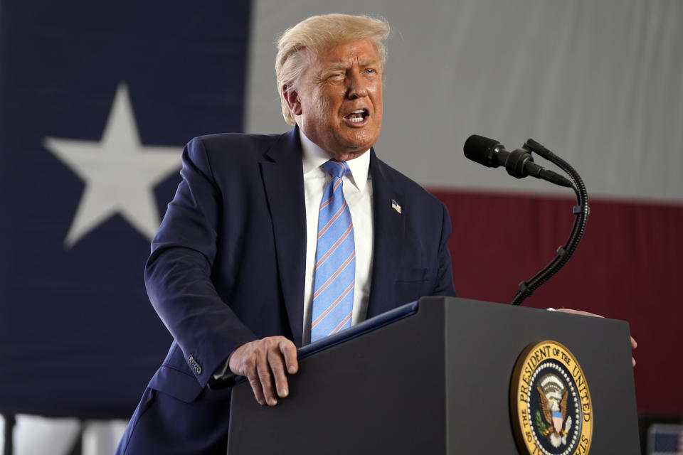 President Donald Trump delivers remarks about American energy production during a visit to the Double Eagle Energy Oil Rig, Wednesday, July 29, 2020, in Midland, Texas. (AP Photo/Evan Vucci)