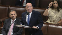 In this image from video, Rep. Kevin Brady, R-Texas, speaks on the floor of the House of Representatives at the U.S. Capitol in Washington, Friday, March 27, 2020. (House Television via AP)