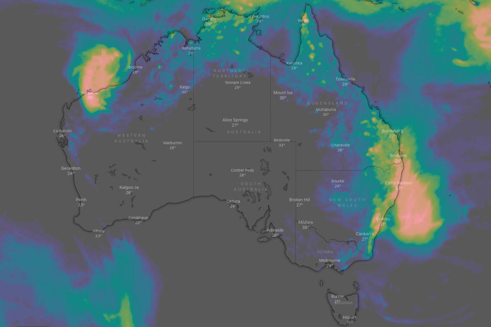 A weather map shows rainfall over the next three days in Australia.