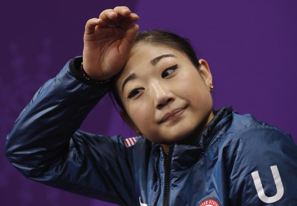 Mirai Nagasu of the United States reacts as her scores are posted following her performance in the women's short program figure skating in the Gangneung Ice Arena at the 2018 Winter Olympics in Gangneung, South Korea, Wednesday, Feb. 21, 2018. (AP Photo/Bernat Armangue)