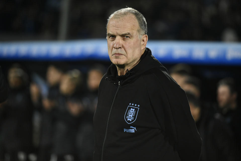 Uruguay's coach Marcelo Bielsa reacts during a qualifying soccer match against Chile for the FIFA World Cup 2026 at Centenario stadium in Montevideo, Uruguay, Friday, Sept. 8, 2023.(AP Photo/Santiago Mazzarovich)