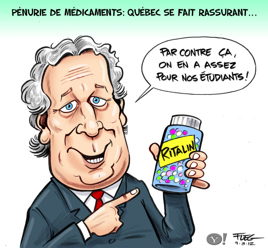 Caricature du 9 mars : Pénurie de médicaments : Québec se fait rassurant... <a href="http://fr-ca.actualites.yahoo.com/sant%C3%A9-p%C3%A9nurie-m%C3%A9dicaments-la-situation-demeure-pr%C3%A9occupante-dans-132805021.html" data-ylk="slk:Consultez l'article.;elm:context_link;itc:0;sec:content-canvas;outcm:mb_qualified_link;_E:mb_qualified_link;ct:story;" class="link  yahoo-link">Consultez l'article.</a>