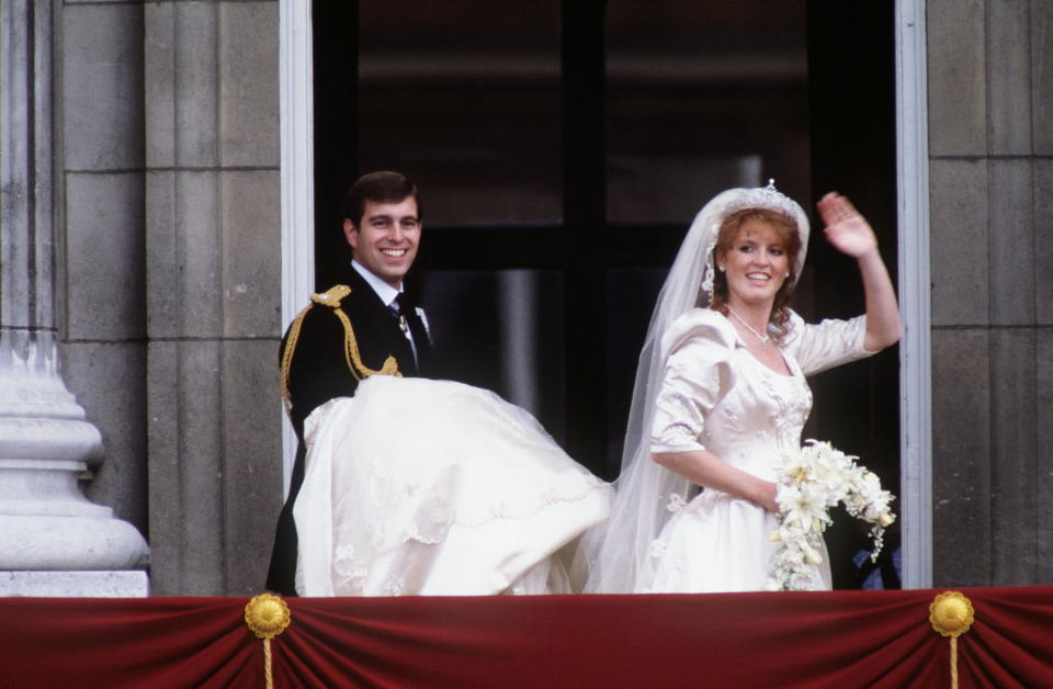 LONDON, UNITED KINGDOM - JULY 23:  Prince Andrew, Duke Of York With Sarah, Duchess Of York On The Balcony At Buckingham Palace On Their Wedding Day.  (Photo by Tim Graham Photo Library via Getty Images)