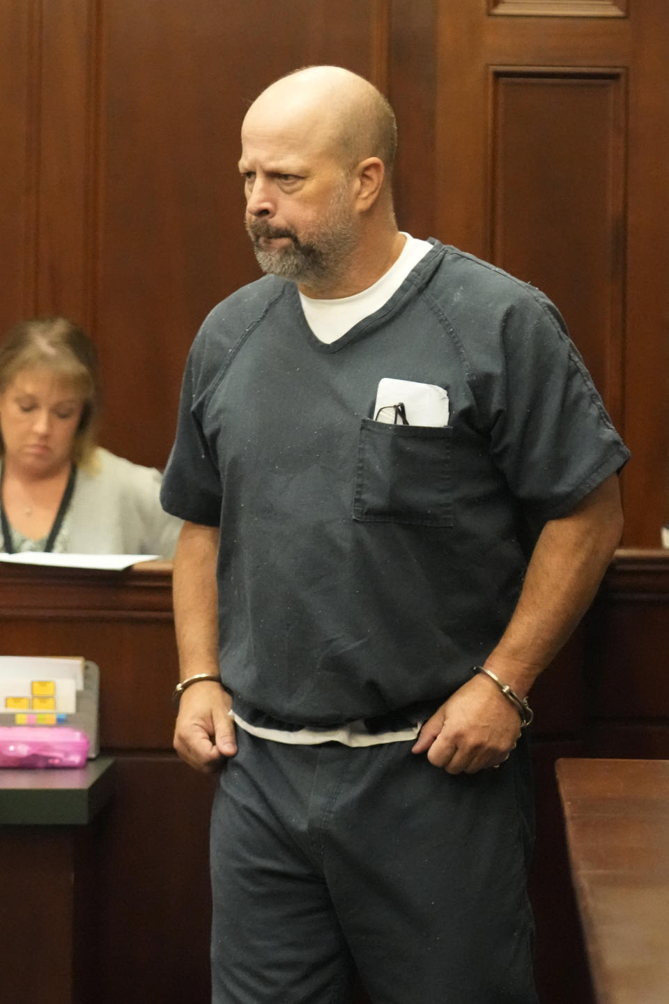 Former Rankin County sheriff’s deputy Brett McAlpin stands at the Rankin County Circuit Court in Brandon, Miss., Monday, Aug. 14, 2023. McAlpin is one of six white former Mississippi law officers that pleaded guilty to state charges on Monday for torturing two Black men in a racist assault. All six had recently admitted their guilt in a connected federal civil rights case. (AP Photo/Rogelio V. Solis)