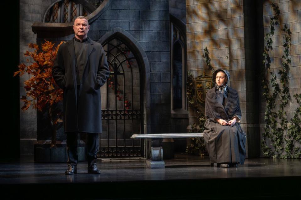 Liev Schreiber as Father Flynn, left, and Zoe Kazan as Sister James, in Roundabout Theatre Company’s new Broadway production of “Doubt: A Parable.” AP