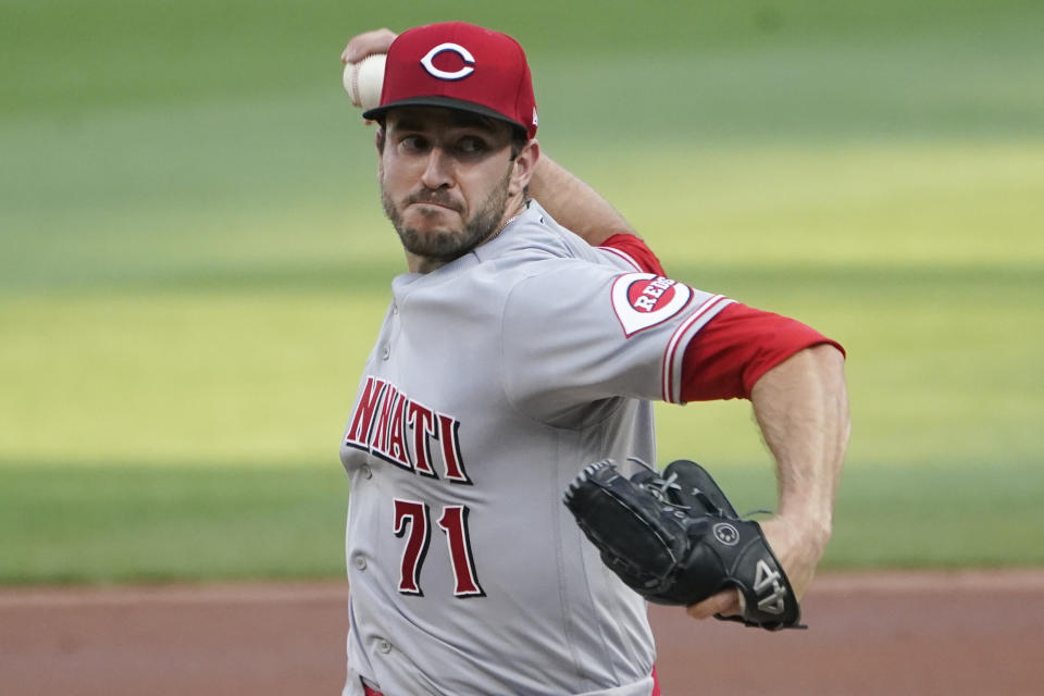 Cincinnati Reds starter Connor Overton pitches against the Pittsburgh Pirates during the first inning of a baseball game Thursday, May 12, 2022, in Pittsburgh. (AP Photo/Keith Srakocic)