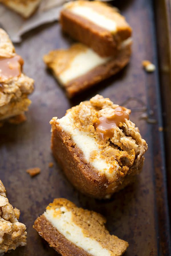 <p>Pumpkin, caramel and cinnamon, oh my! These cheesecake bars have everything you could want in a fall dessert.</p><p><strong>Get the recipe at <a href="http://www.chelseasmessyapron.com/pumpkin-caramel-cheesecake-bars-with-a-streusel-topping" rel="nofollow noopener" target="_blank" data-ylk="slk:Chelsea's Messy Apron;elm:context_link;itc:0;sec:content-canvas" class="link ">Chelsea's Messy Apron</a>.</strong><br></p>