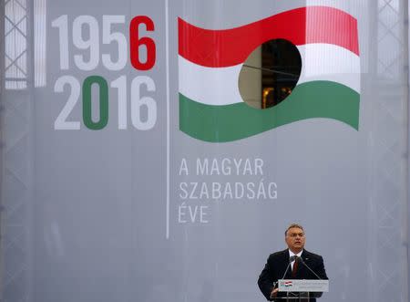 Hungarian Prime Minister Viktor Orban speaks during a ceremony marking the 60th anniversary of 1956 anti-Communist uprising in Budapest, Hungary, October 23, 2016. REUTERS/Laszlo Balogh