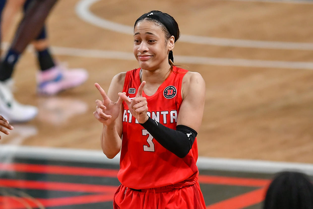 Former Atlanta guard Chennedy Carter is headed to training camp with the Chicago Sky. (Photo by Rich von Biberstein/Icon Sportswire via Getty Images)