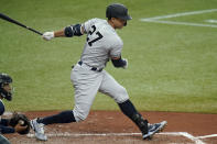 New York Yankees' Giancarlo Stanton strikes out against Tampa Bay Rays relief pitcher Andrew Kittredge during the third inning of a baseball game Saturday, April 10, 2021, in St. Petersburg, Fla. (AP Photo/Chris O'Meara)