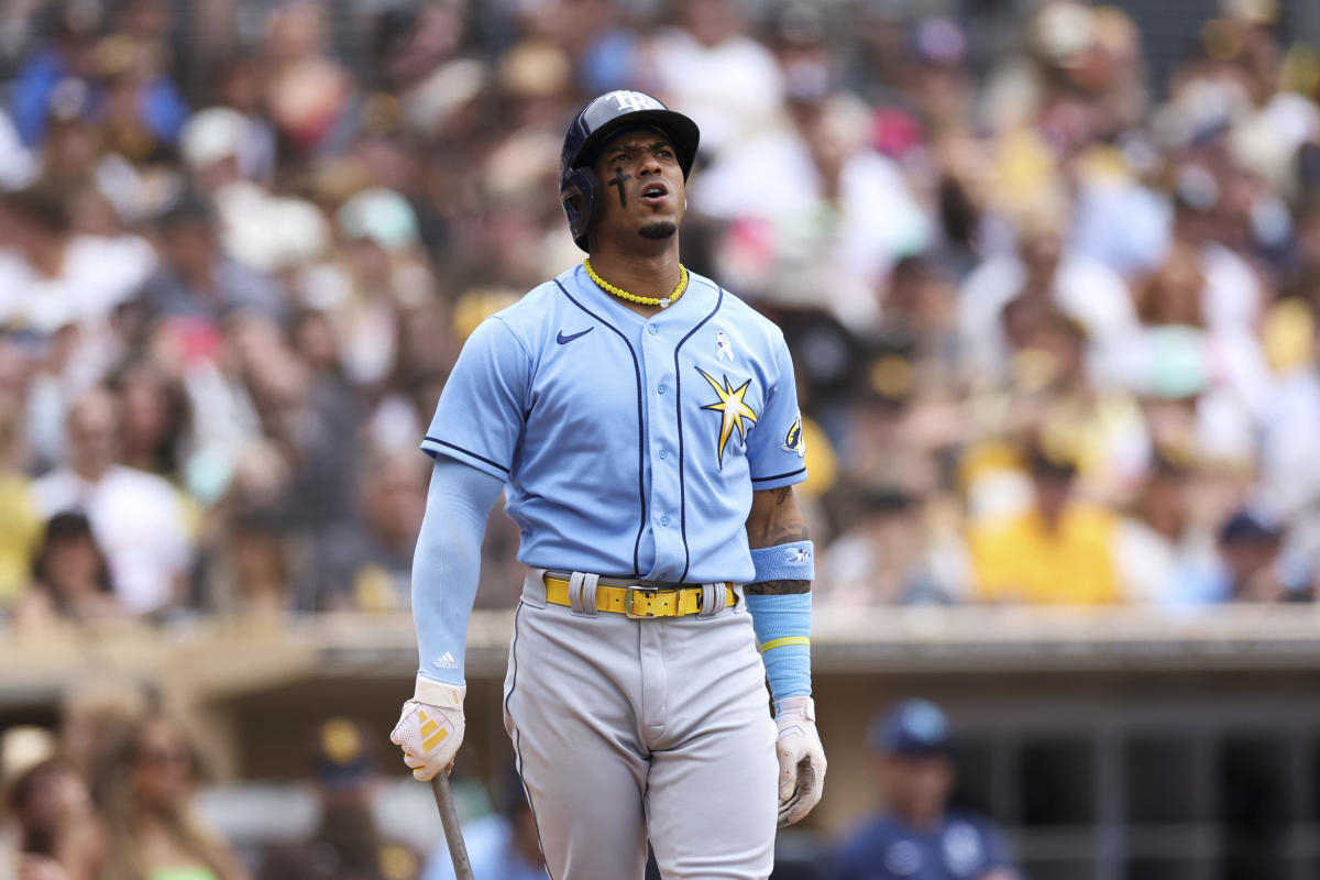 St. Petersburg, USA. 12th Apr, 2022. St. Petersburg, FL USA; Tampa Bay Rays  shortstop Wander Franco (5) runs to the dugout during an MLB game against  the Boston Red Sox on Wednesday