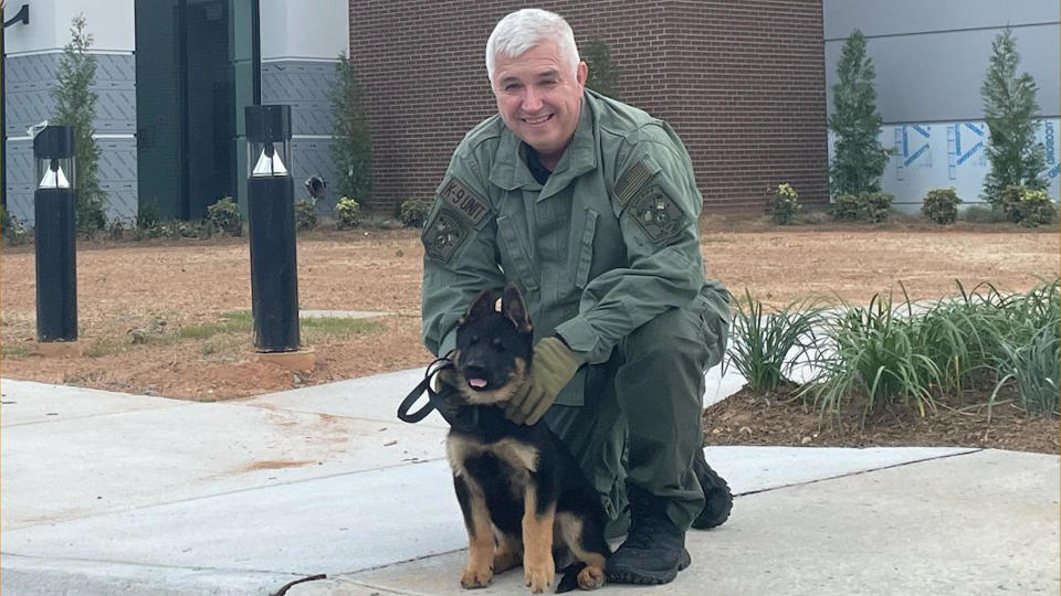 K9 puppy Griff and his namesake, UCSO Sgt. Brian Griffin. / Credit: Union County Sheriff's Office