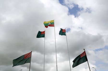 Myanmar's national flag (C) is seen among the Union Solidarity and Development Party's flags at their head office in Naypyitaw, August 13, 2015. REUTERS/Soe Zeya Tun