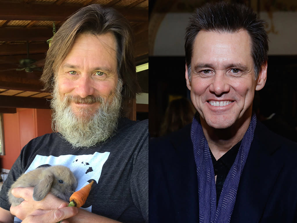 Jim Carrey now sports an unruly beard (at left), but he didn't before (at right).