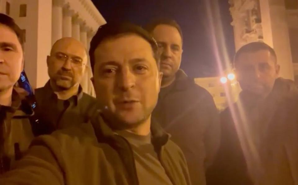 President Volodymyr Zelenskyy in a selfie-style video in Kyiv on February 25, 2022, alongside four top officials, in a bid to demonstrate that he was staying in Ukraine.