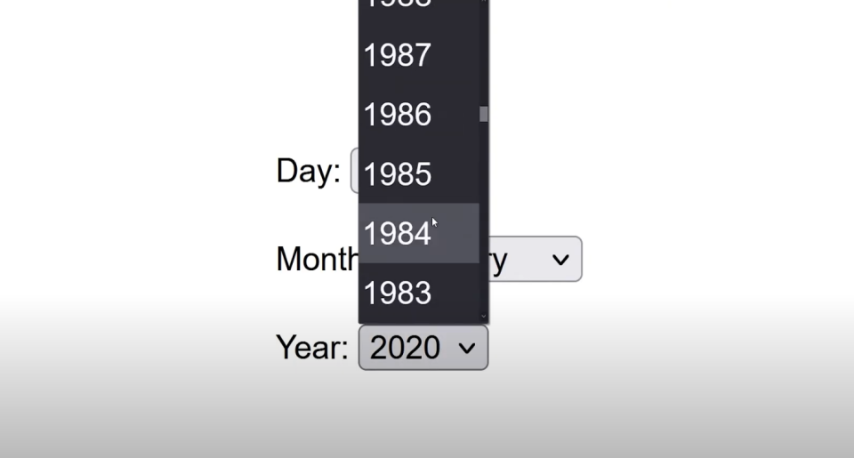 A birthdate scroll down menu